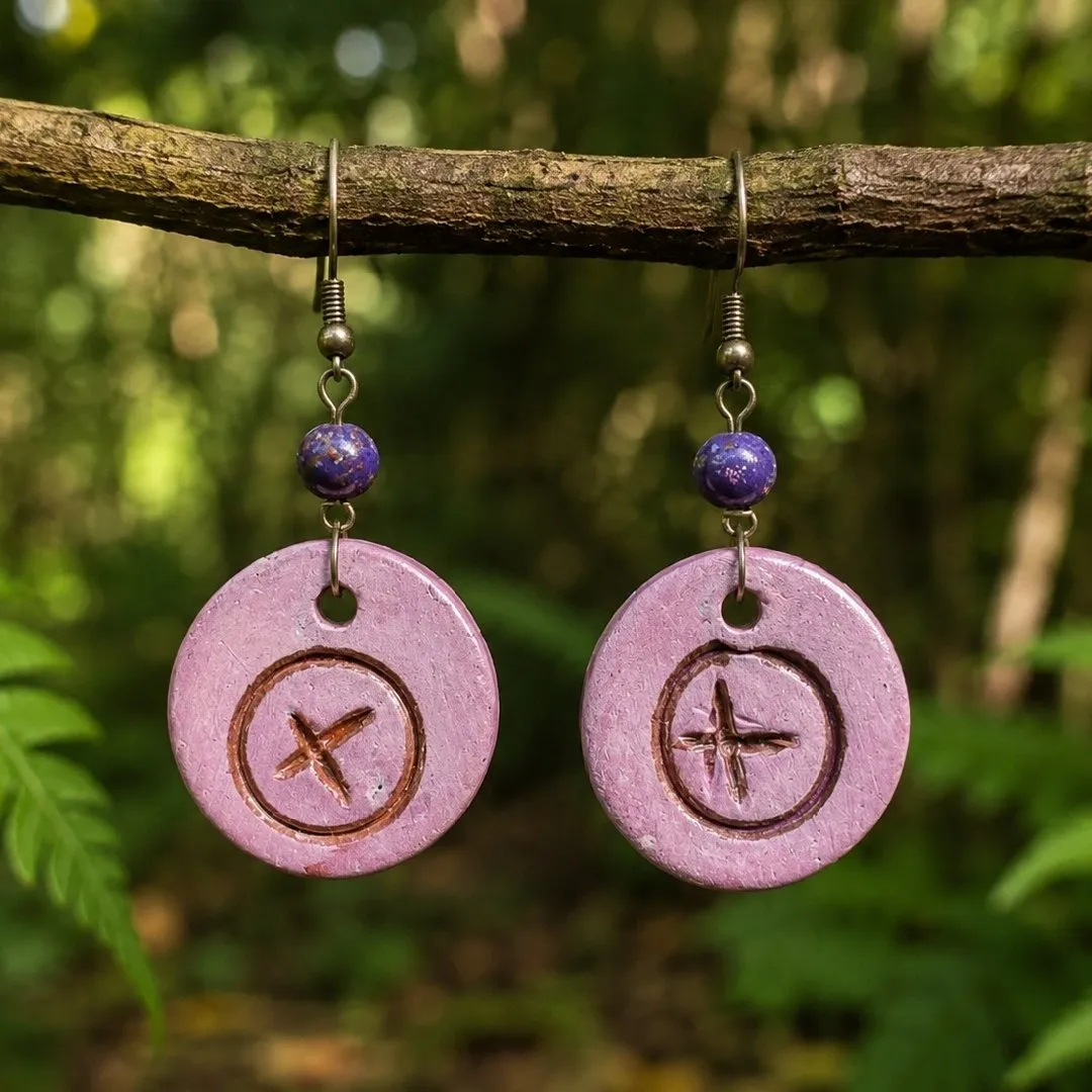 Brinco Artesanal em Cerâmica – Rosa dos Ventos - artesanato feito à mão por Nuvem Dourada Biojoias de Cerâmica