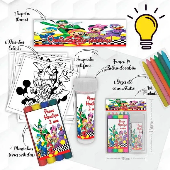 Kit Massinha + Giz + Bolha Mickey Personalizado - feito à mão por Mi Papelaria Criativa