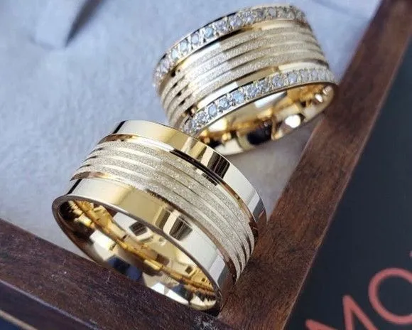 Par Alianças de Noivado Moeda Antiga 10mm + Anel Solitário - artesanato feito à mão por TM JOIAS