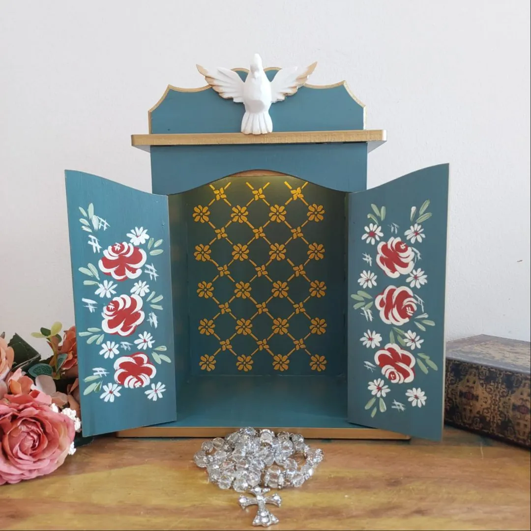 Oratório Capela Com Porta Para Imagens De Até 20cm Azul Ouro Preto - Com Iluminação - foto 2