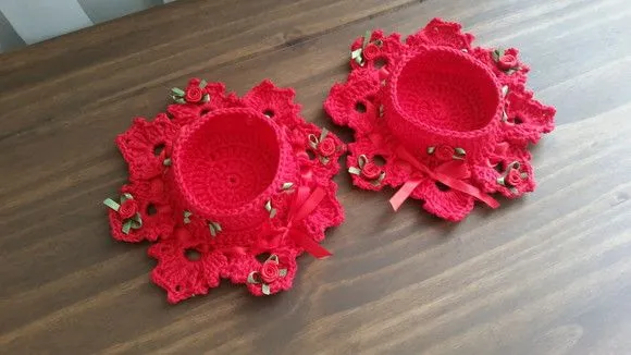 Conjunto de Porta Velas em Crochê - Vermelho - foto 2