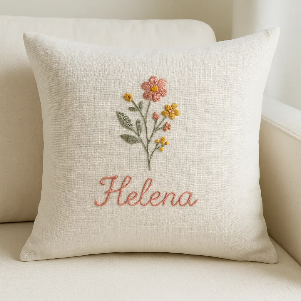 Almofada Bordada com Nome, Jardim de Primavera 45x45 cm - artesanato de Ateliê Maria Flor
