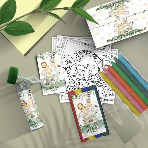 Kit Massinha + Giz + Bolha - Safari Personalizado - artesanato feito à mão por Mi Papelaria Criativa