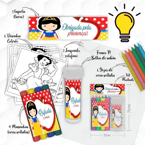 Kit Massinha + Giz + Bolha Branca de Neve Personalizado - feito à mão por Mi Papelaria Criativa