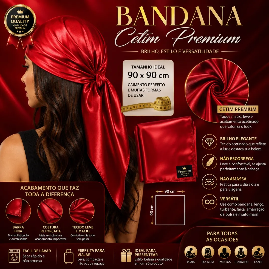 Bandana 90x90 Cetim Lenço de Cabeça Feminino Lenço Pescoço Cropped Bolsa - foto 2