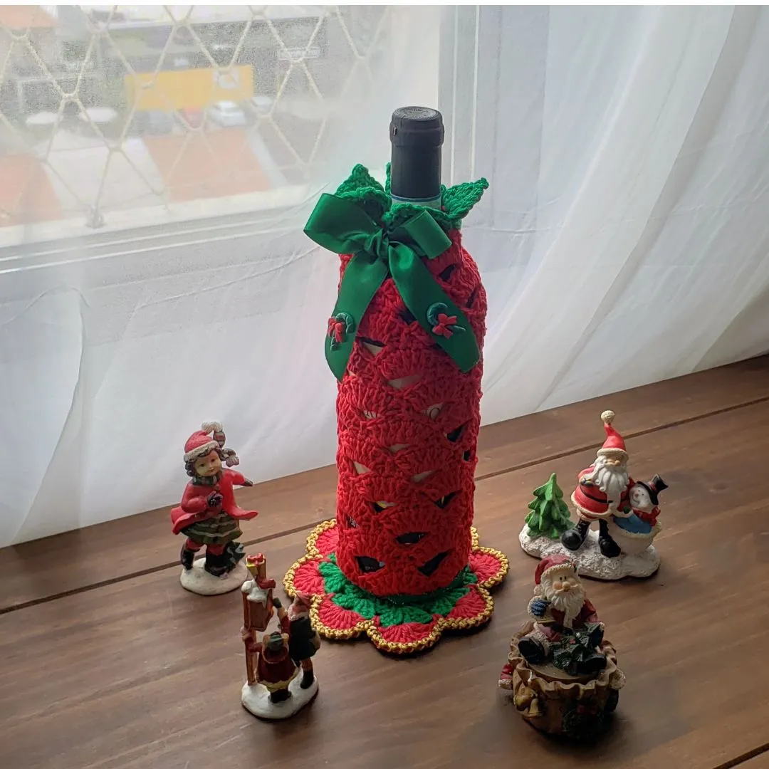 Porta Garrafa de Vinho em crochê Natal Vermelho e Verde - foto 4