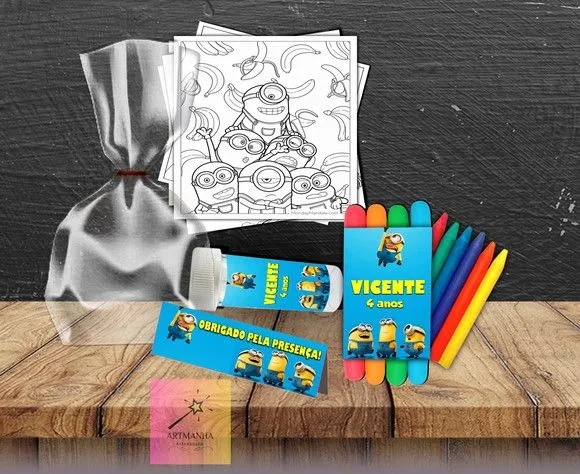 Kit Massinha + Giz + Bolha Minions Personalizado - feito à mão por Artmanha Lembrancinhas