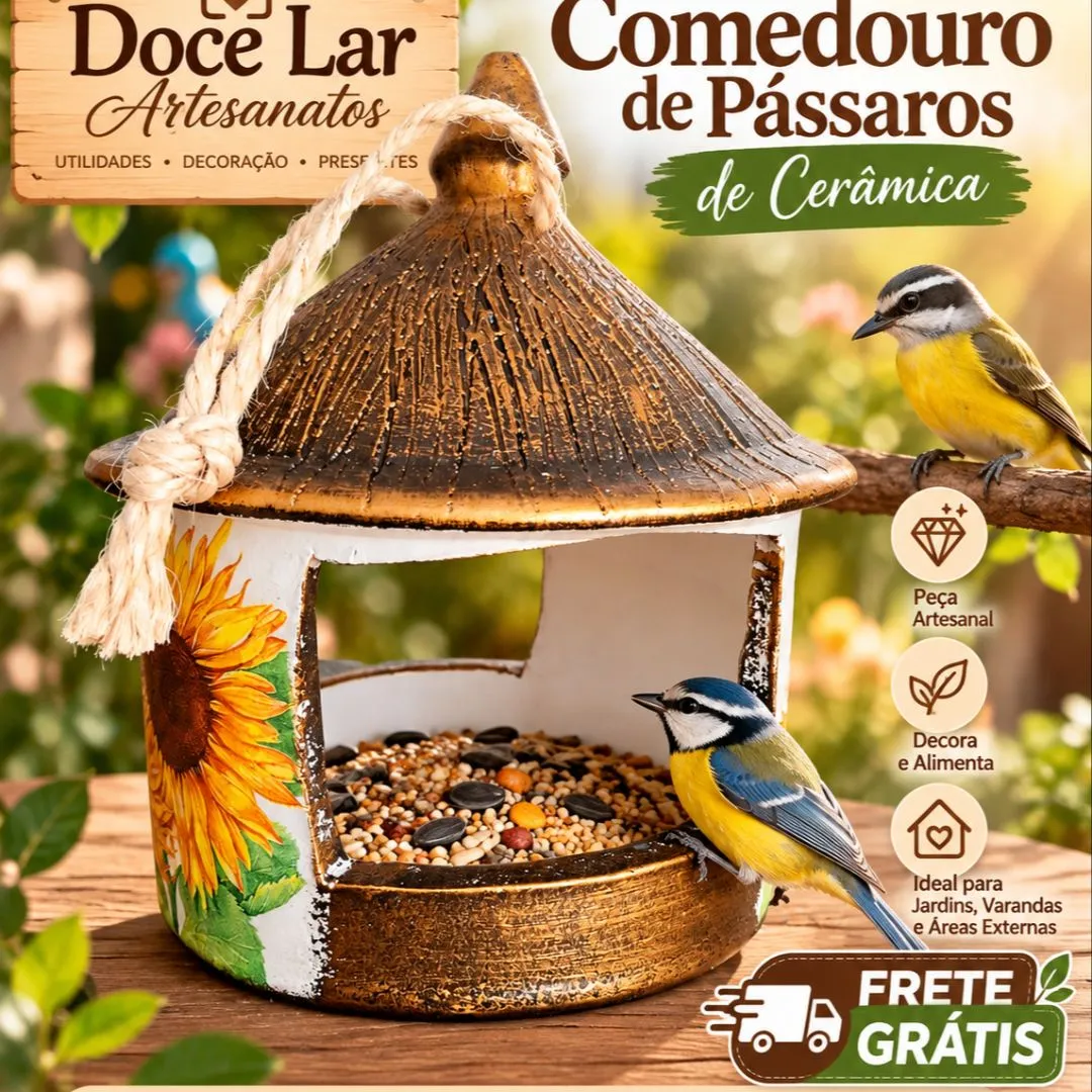 Comedouro De Pássaro De Cerâmica Artesanal Girassol Rústico - artesanato de Doce Lar Artesanatos