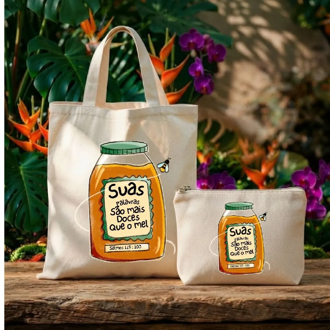 Kit Ecobag Necessaire E Chaveiro Presente Feminino Criativo Palavras Doces como Mel - foto 3