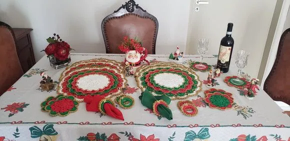 Conjunto Sousplat Natal Luxo Crochê Vermelho Verde 18 Peças - foto 5