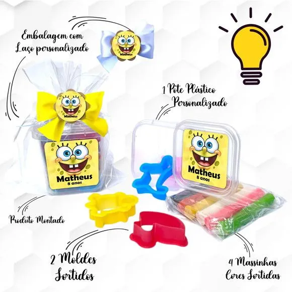 Massinha no Pote com Cortadores Bob Esponja Personalizada - feito à mão por Mi Papelaria Criativa