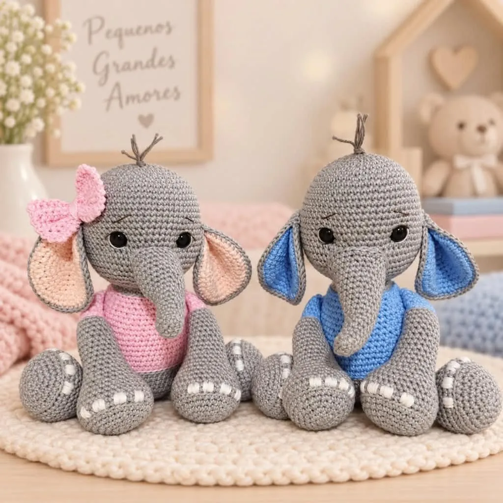 Elefantinhos Amigurumi em Crochê – Fofura em Rosa e Azul 🐘💕 - artesanato feito à mão por crocheteria com a Maria