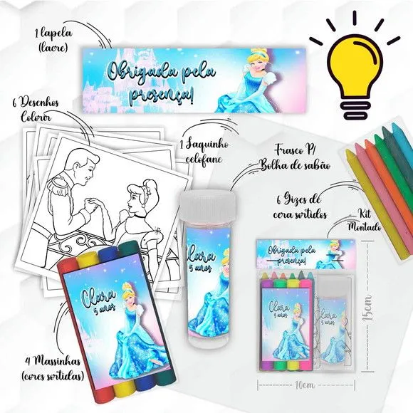 Kit Massinha + Giz + Bolha Cinderela Personalizado - feito à mão por Mi Papelaria Criativa
