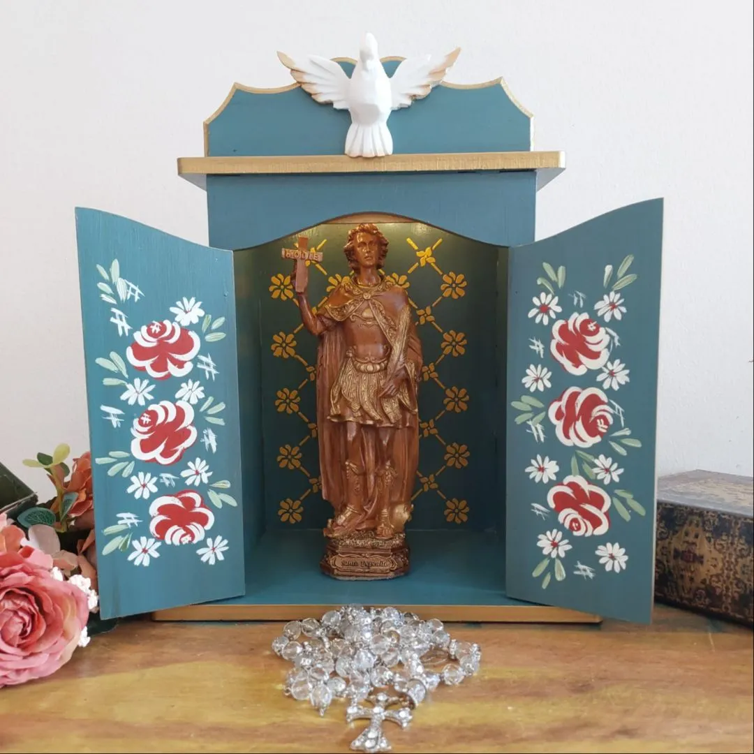 Oratório Capela Com Porta Para Imagens De Até 20cm Azul Ouro Preto - Com Iluminação - foto 5
