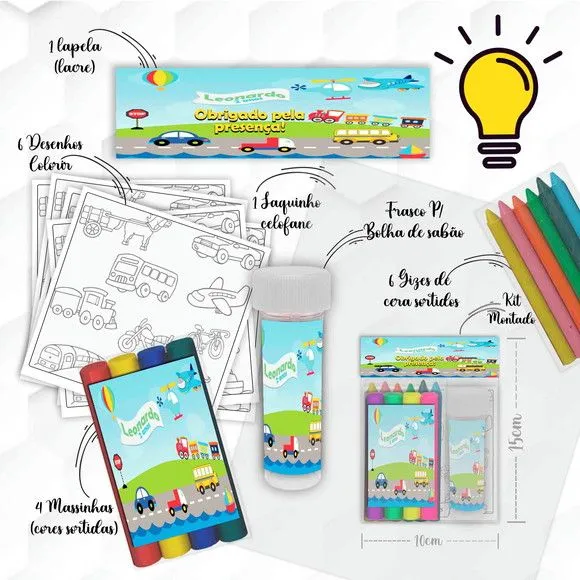 Kit Massinha + Giz +bolha Meios de Transportes Personalizado - artesanato feito à mão por Mi Papelaria Criativa