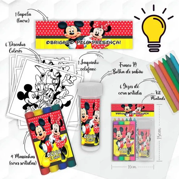 Kit Massinha + Giz + Bolha Mickey e Minnie Personalizado - feito à mão por Mi Papelaria Criativa
