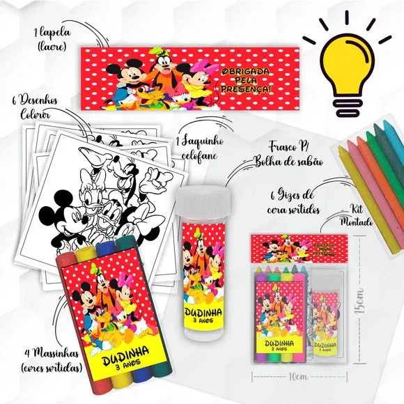 Kit Massinha + Giz + Bolha Turma do Mickey Personalizado - artesanato feito à mão por Mi Papelaria Criativa