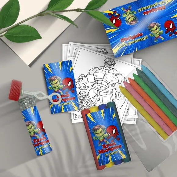 Kit Massinha + Giz + Bolha - Hulk e Homem Aranha - feito à mão por Mi Papelaria Criativa