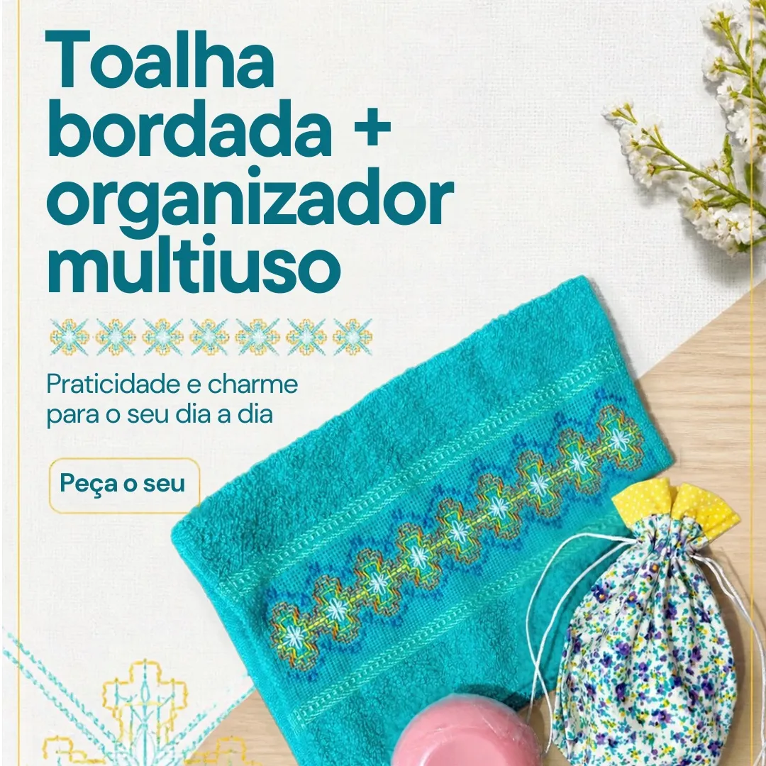 Kit 2 peças - toalha de mão bordada e organizador multiuso PP 5 - artesanato de Djulik