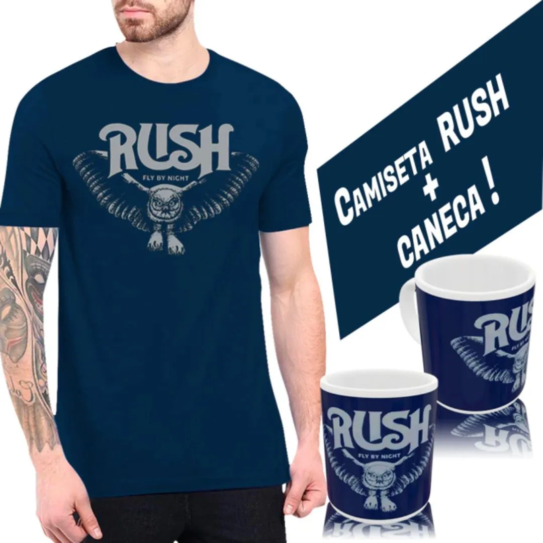 Kit camiseta+caneca Rush, estampa Fly By Night tamanhos unisex - artesanato de Lado B Rock Camisetas