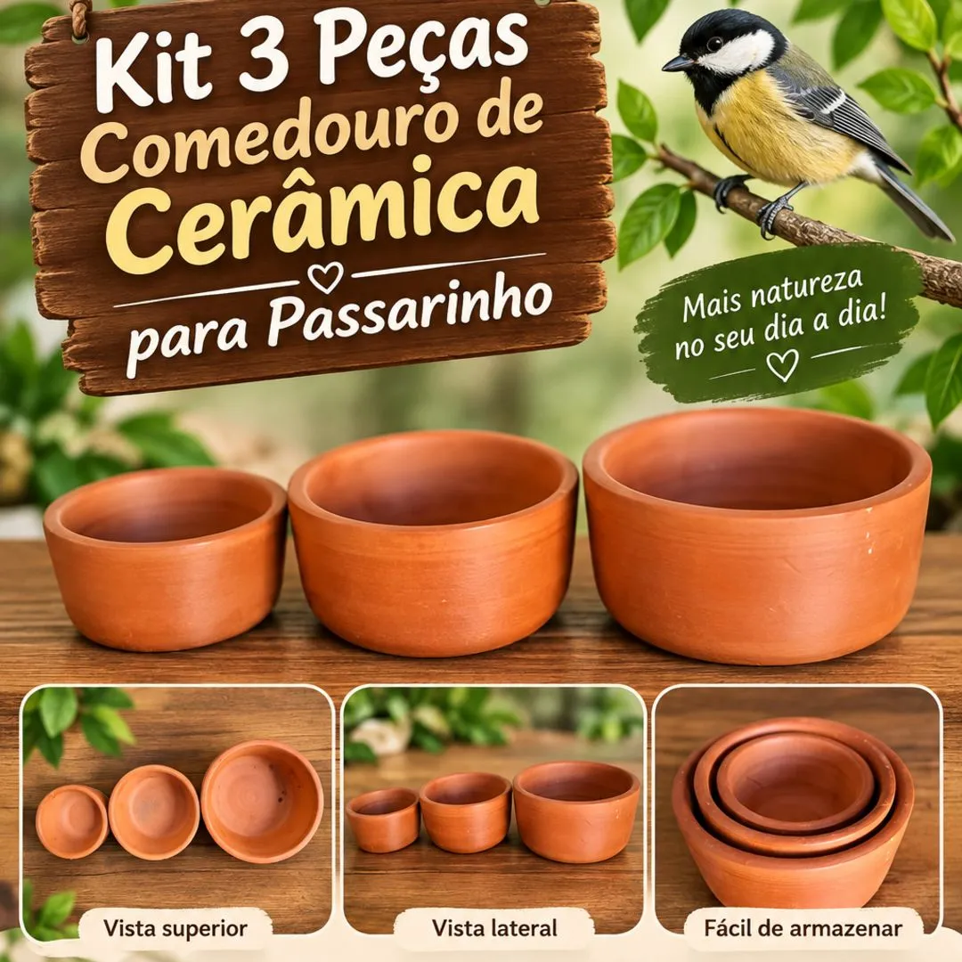 Kit 3 Peças Comedouro e Bebedouro Para Pássaros De Barro Cerâmica - foto 2