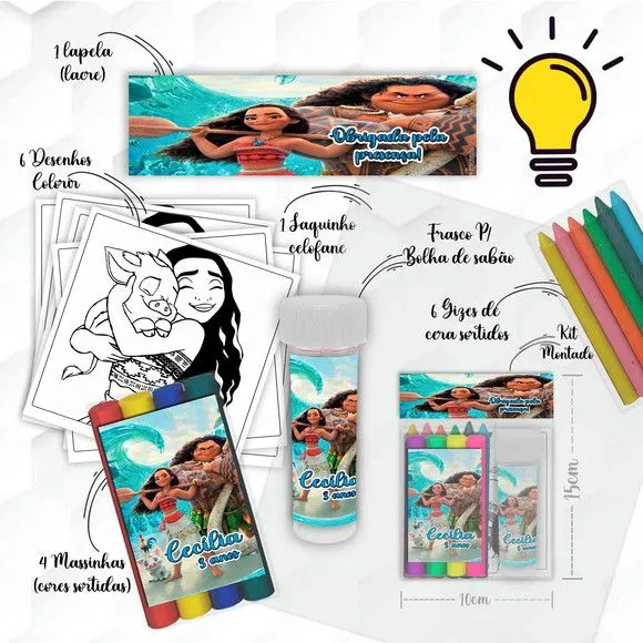 Kit Massinha + Giz + Bolha Moana Personalizado - feito à mão por Mi Papelaria Criativa