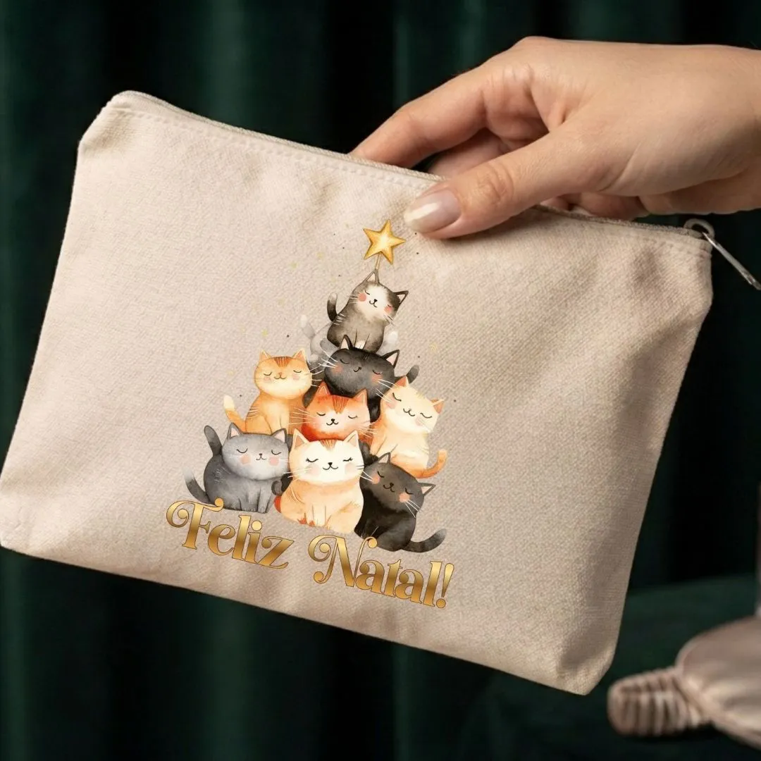 Nécessaire Personalizada em algodão Lembrancinha Arvore de Natal gatos - foto 3