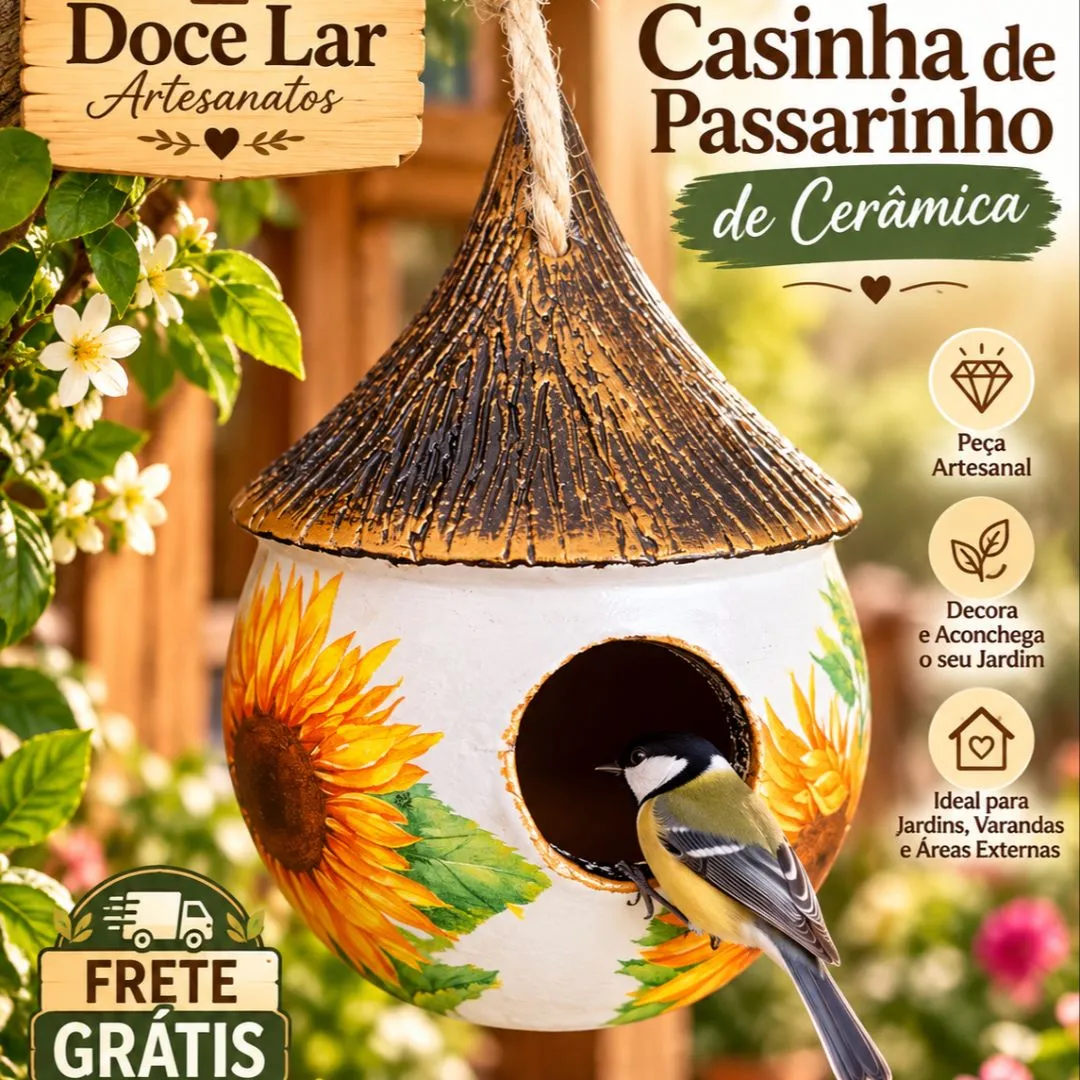 Casinha de Passarinho de Cerâmica Artesanal Girassol Rústico - foto 3