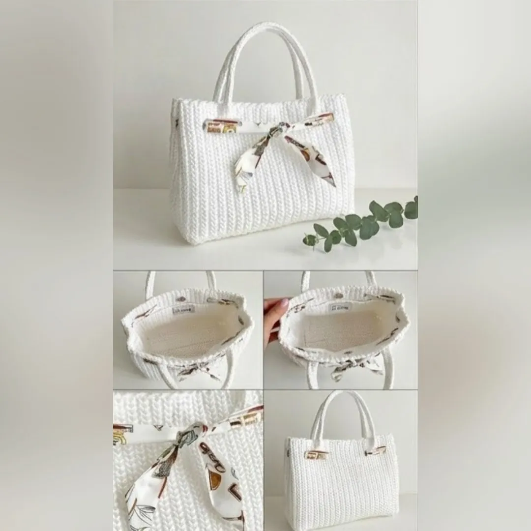 Bolsa Tote de Crochê Branca – Elegância Clean com Detalhe de Lenço - foto 2