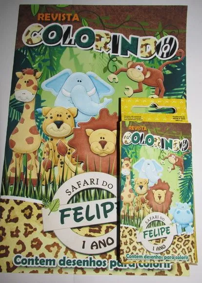 Kit colorir safari revista 20x14 e giz - artesanato de PAPCRIE