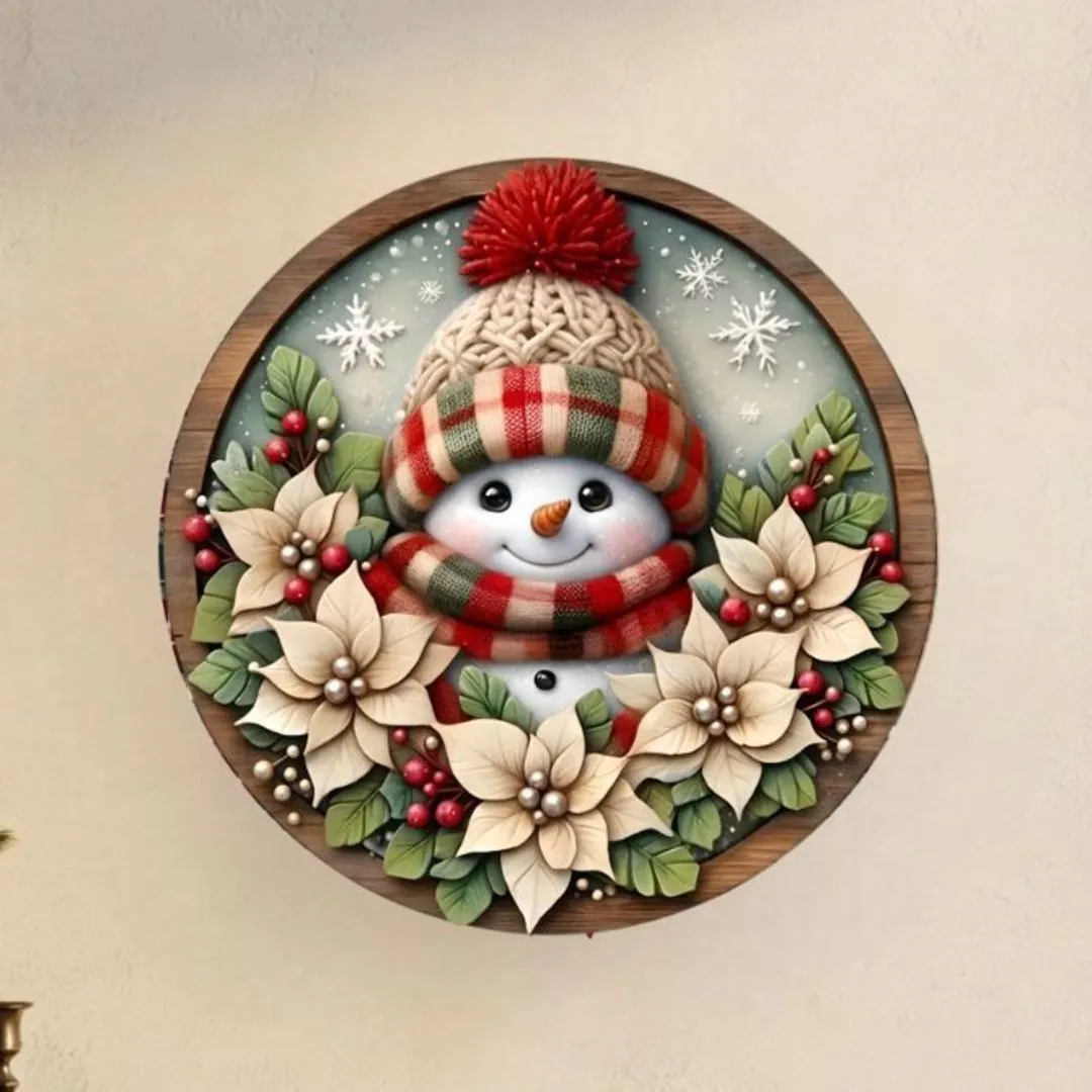 Placa decorativa MDF 35 cm Guirlanda de Natal enfeite de porta Boneco de Neve com flores - foto 2