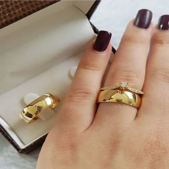 Alianças de Ouro 18k 8mm 8grs Casamento + Anel Solitário - artesanato feito à mão por TM JOIAS