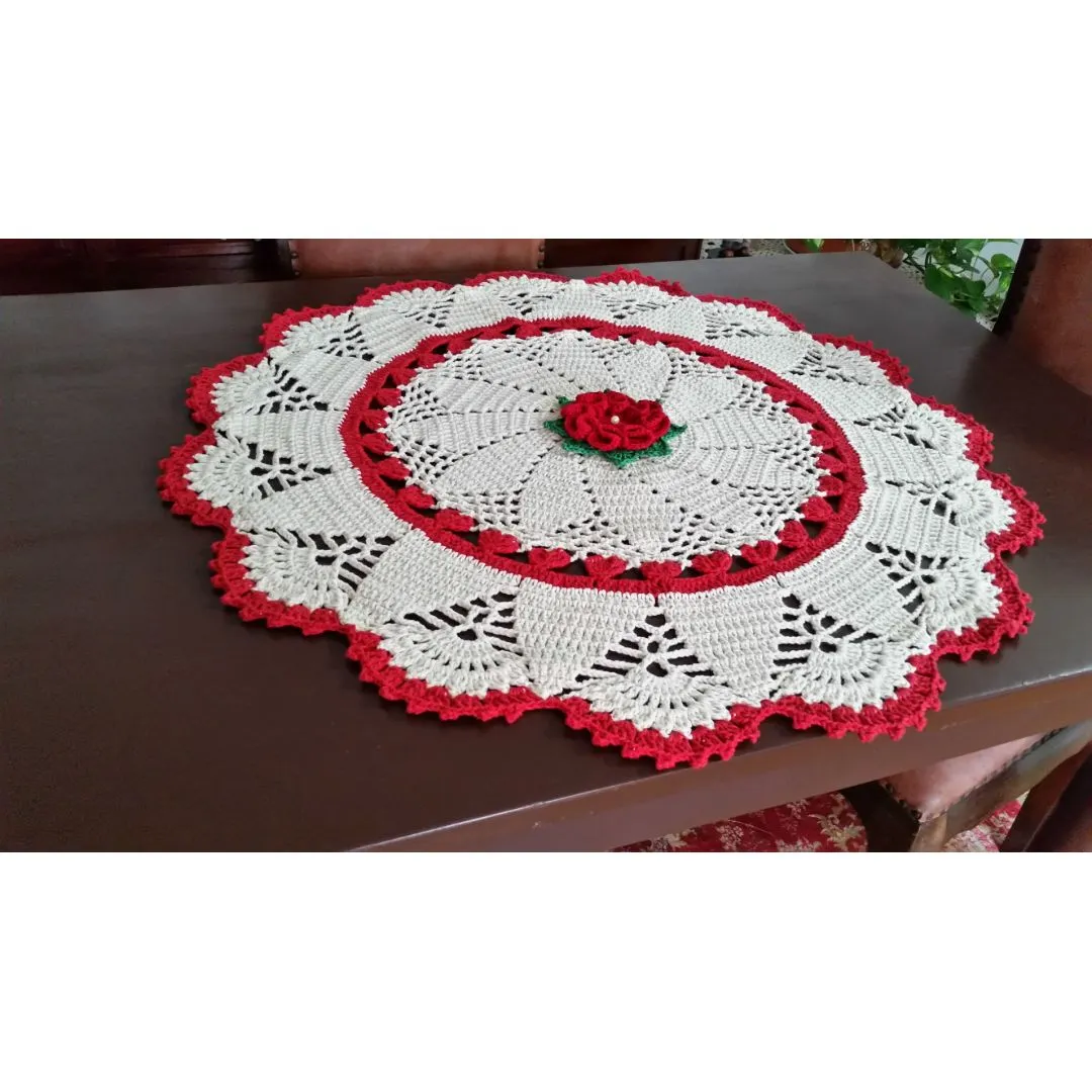 Toalha de Mesa Redonda em Crochê Natural e Vermelho - foto 2