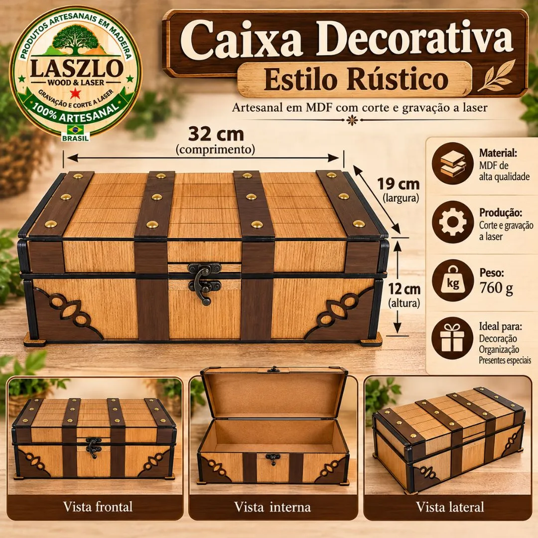 Caixa Decorativa Artesanal em MDF Estilo Rústico 32 x 19 x 12 cm - foto 8