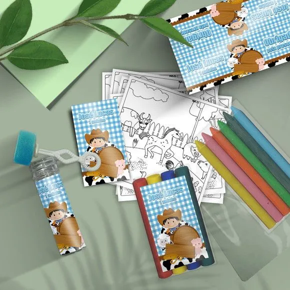 Kit Massinha + Giz + Bolha - Fazendinha Menino Personalizado - feito à mão por Mi Papelaria Criativa