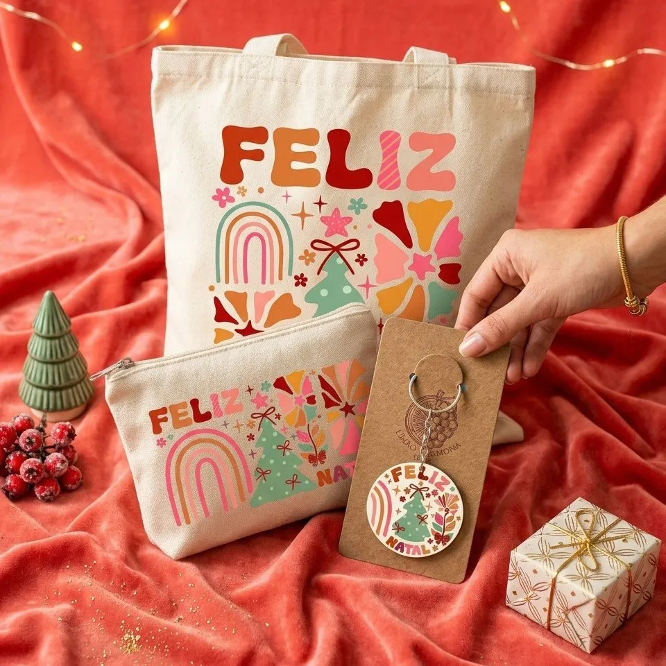 Kit Ecobag Necessaire E Chaveiro Presente Feminino Criativo Feliz Natal