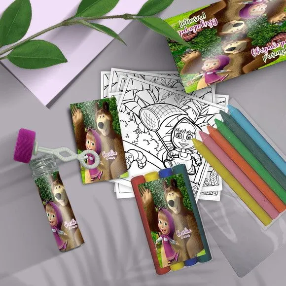 Kit Massinha + Giz + Bolha - Marsha e o Urso Personalizado - feito à mão por Mi Papelaria Criativa