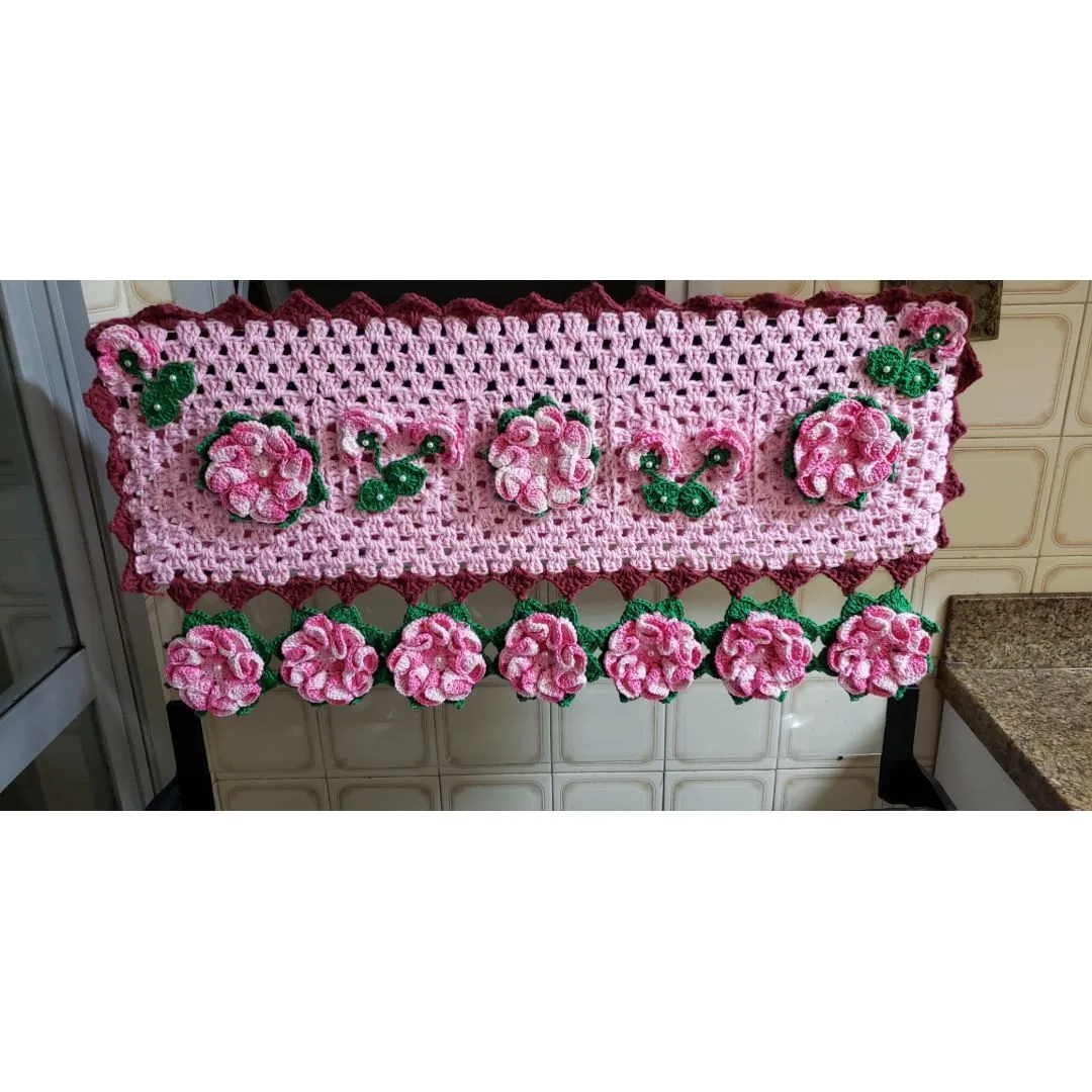 Capa Encaixe Crochê Tampa Fogão 5 Bocas Flores Rosa - foto 3